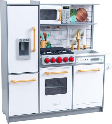 مطبخ لعب كيد كرافت أبتاون إيليت، لعبة خشبية مزودة بأضواء وأصوات، وصانع ثلج يعمل، طقم مطبخ للأطفال، 53437