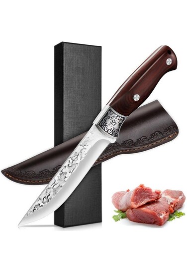 Meat Knife Boning Knife for Meat Cutting, Professional Chef Deboning Knife, Butcher Trimming Fillet Knife for Meat Fish, Full Tang Wood Handle Knife for Kitchen, BBQ(Curved-5.1')