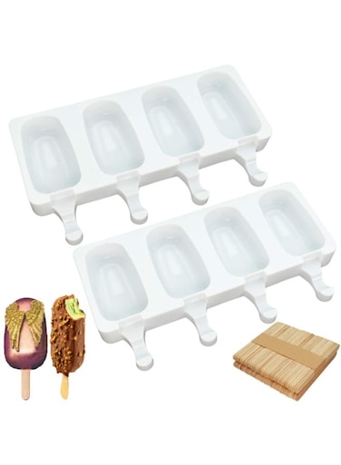 Molds (Set of 2), Large Silicone Ice Pop Molds 4 Cavities Oval Homemade Cake Popsicle Maker with 50 Wooden Sticks for DIY Ice Cream Bar