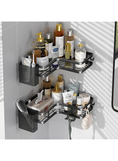 HONPOLO Corner Shower Caddy, Triangular Storage Rack for Bathroom and Kitchen, No Drill Wall-Mounted Organizer, Features 2 Triangular Shelves, 2 Toothpaste Holders, 1 Razor Holder, 4 Hooks (black)