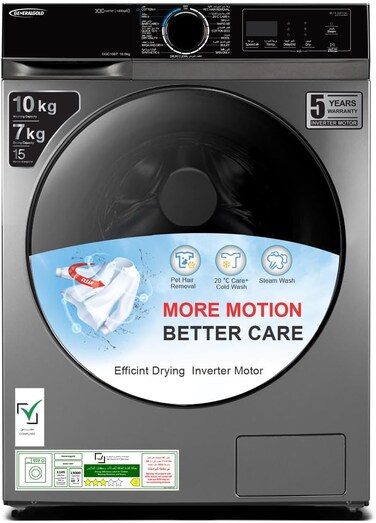 General Gold Washer Dryer Combo10kg Wash 7kg Dry, 15 Programs, Inverter Motor 1400 RPM, Steam Wash, Pet Hair Removal, Front Load
