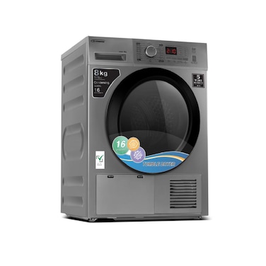 General Gold 8KG Silver Tumble Dryer, Condenser Dryer with 16 Programs, Anti-Crease &amp; Child Lock