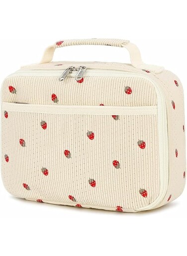 Corduroy Insulated Lunch Bag for Girls, Strawberry Beige School Lunch Tote, with Cooler Compartment