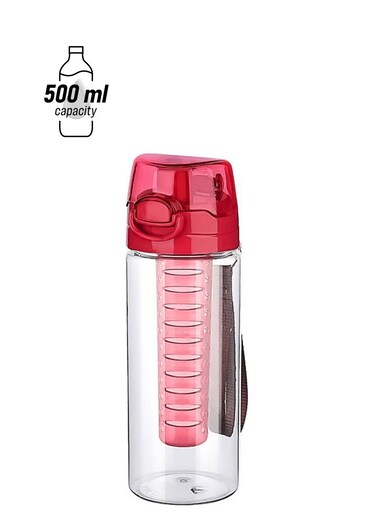 Fruit Infuser Water Bottle with Full Length Infusion Rod and Flip Lid Portable Juice Bottle (Red, 500ml)