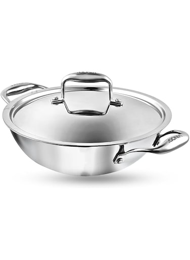 Vinod Platinum Triply Stainless Steel Kadai/Cooking Pot/Wok with SS lid 3.7 Litre(28 cm) 2.5mm Thick Sturdy Riveted Side Handles  Induction &amp; Gas Stove Friendly SAS Metal