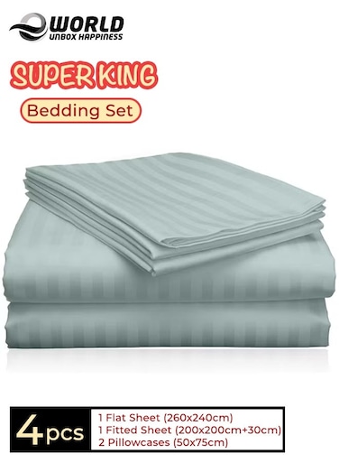 4-Piece Luxury Super King Pastel Green Striped Bedding Set (Flat Sheet 260&Atilde;&mdash;240 cm, Fitted Sheet 200&Atilde;&mdash;200+30 cm, 2 Pillowcases 50&Atilde;&mdash;75 cm) &acirc;&euro;&ldquo; Premium Microfiber, Hotel-Style Comfort
