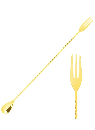 Professional Gold Plated Mixing Spoon with Fork End, 40cm - Ideal for Cocktails &amp; Beverages