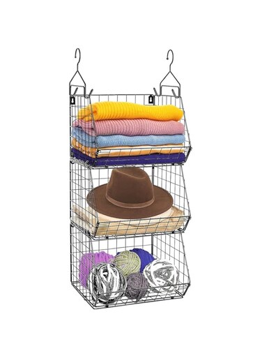 Angju 3 Tier Foldable Closet Organizer, Clothes Shelves with Hooks, Wall Mount&amp;Cabinet Wire Storage Basket Bins, for Clothing Sweaters Shoes Handbags Clutches