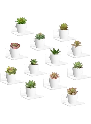 VASZOLA 12 Pack Small Acrylic Floating Wall Shelves with Adhesive Tape and Screw, Wall Mounted Adhesive Display Shelf Clear Acrylic Display Stand for Plants Amiibo Funko POP Figures Bathroom