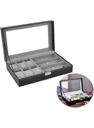 X spring Wrist Watch Case, PU Leather Watch Box, Watch Box Glasses Box, Watch Holder, Men's Sunglasses Display Box For Sunglasses Men 6 Watches and 3 Glasses, Multi-function Jewelry Box