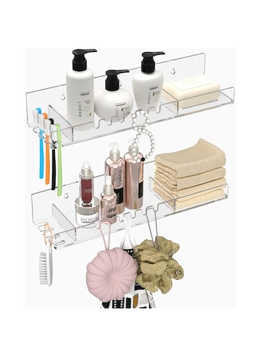 EXCEFORE Acrylic Bathroom Shelves Organizer, Set of 2 Bathroom Countertop Organizer, with Hooks and no Drilling Design, for Bathroom Storage and moreAcrylic No Drill Wall Mount Adhesive Shelf
