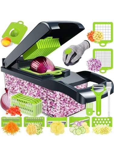 All-in-One Manual Vegetable Mandoline Slicer &amp; Chopper &acirc;&euro;&ldquo; Multi-Function Kitchen Prep Tool for Slicing, Dicing, Grating, and Julienning Vegetables and Fruits, Easy-to-Use, Safe, and Compact