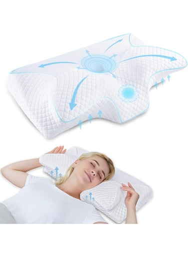 Memory Foam Pillow for Neck Pain Relief &acirc;&euro;&ldquo; 2 in 1 Ergonomic Orthopedic Contour Pillow with Breathable Washable Cover for Side, Back &amp; Stomach Sleepers