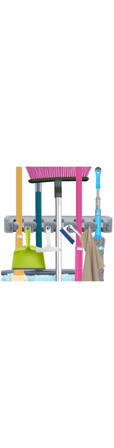 Mop Broom Holder, Garden Tools Wall Mounted Commercial Organizer Saving Space Storage Rack for Kitchen Garden and Garage,Laundry Offices(5 Position with 6 Hooks)