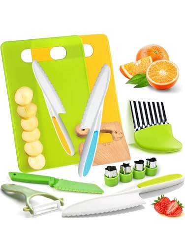 Montessori Kitchen Tools for Toddlers-Kids, 13Pcs Kids Cooking Set Real-Toddler Safe Knives Set with Plastic Toddler Safe Knives Crinkle Cutter Kids Cutting Board for Children Birthday Gift Christmas