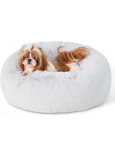 Arabest Calming Dog Bed, Round Donut Machine Washable Dog Bed, Anti-Anxiety Donut Dog Cuddler Bed, Anti-Slip Soft Dog Round Bed for Small Medium Dogs and Cats (White)