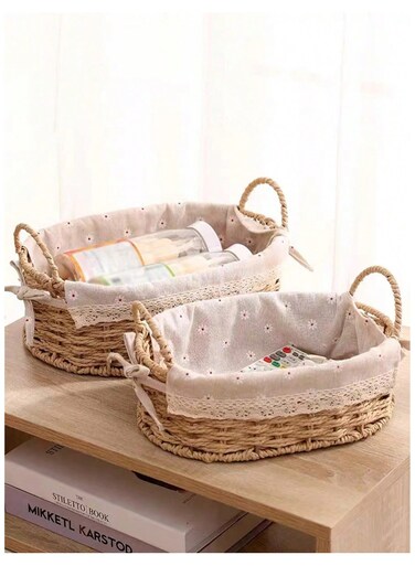 Nest Set of 2 Eco-Friendly Woven Baskets with Handles &acirc;&euro;&ldquo; Durable Oval Handwoven Storage Bins with Sturdy Plastic Frame, Removable Fabric Liners, and Versatile Storage for Living Room, Bedroom, Bathroom, and Nursery &acirc;&euro;&ldquo; Beige