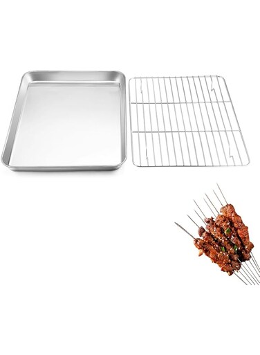 VAODO Baking Sheet with Rack Set, Stainless Steel Baking Pan Tray Cookie Sheet with Cooling rack, 28.5 * 23.3 * 2.2cm, Oven &amp; Dishwasher Safe, Large