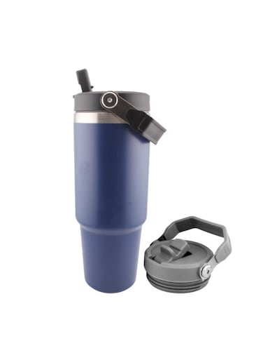 Insulated Travel Cup with Handle, Stainless Steel Double Wall Vacuum Tumbler with Straw &amp; Lids Reusable Water Bottle Trave for Water Iced Tea Coffee (Navy Blue, 900ML)