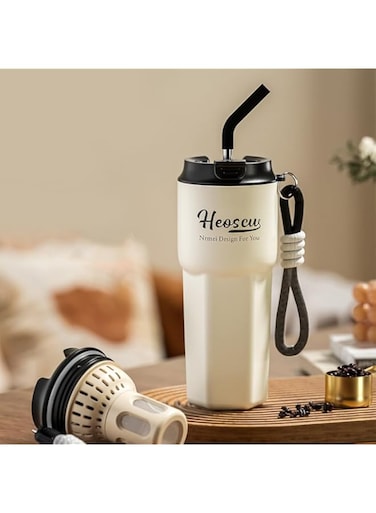 Winpossee 650ml Ceramic Thermos Cup, Ice Tyrant Cup, Coffee Cup, With Coffee, Tea Separator, Straws Straight Drink 2 in 1 Cap, Silicone Anti-Spill Plug, Silicone Anti-Slip Pad (White)