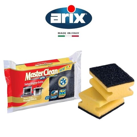 Arix Master Clean Synthetic Sponge Scourer Grip 2pcs - Anti-Grease, Ergonomic, Antibacterial Cleaning Pads for Tough Stains