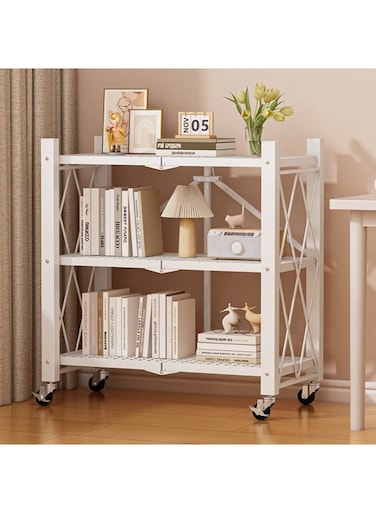 Multilayer Foldable Storage Shelves with Wheels, Heavy Duty Standing Display Shelf Organizer for Kitchen, Living Room, Bathroom Storage, Easy Assembly (3Tiers-White)