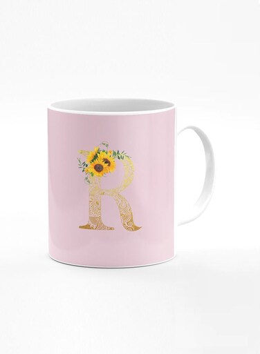 Designer Printed Coffee Mug 11oz Ceramic Personalised Gift Mugs Cup Custom Monogram Initial Letter Mandala Floral Pattern Alphabet R (Pink)