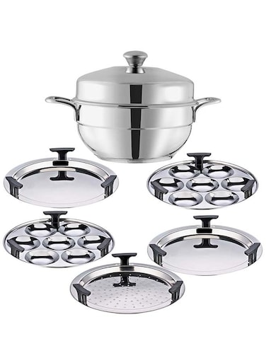 Gen-Z Stainless Steel Multi Kadai, 19 cm   Multipurpose Steamer Pot with Plates   3 Layer Thick Bottom   Induction Base