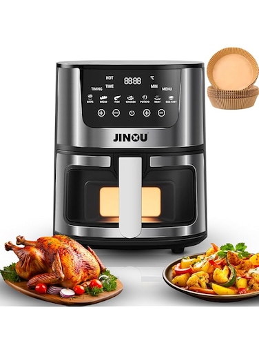 Jinou Airfryer 5.5L 2400 Watt &ndash;Non-Stick bucket &amp; Digital Temperature Control&ndash;The smart fryer Ideal for Frying, Grilling, Roasting &amp; Toasting Vegs, French Fries, Meat &amp; Fish (10 free paper liners)