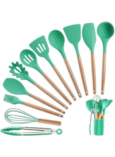 Rubik Kitchen Utensils Silicone 11-Pieces Spatula Set with Organizer Cup Holder, Non-Stick Non-Toxic Cooking Tools Includes Tongs, Spatula, Turner, Ladle and More (Green)