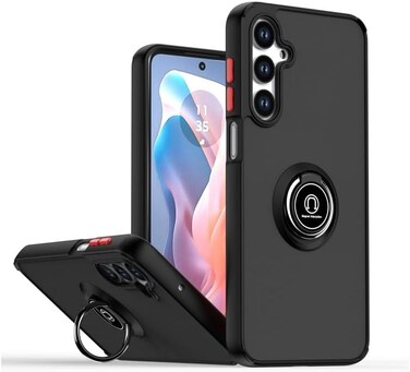 Muzz Samsung Galaxy S24 FE Case Cover Metal Ring Holder Grip Kickstand Car Magnetic Mount Shockproof Matte Hard Back Bumper Case for Samsung Galaxy S24 FE 2024 (Black)
