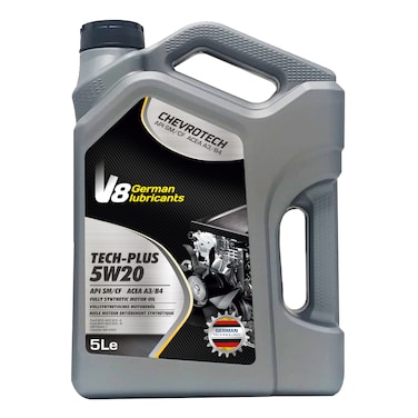 V8 German Lubricants TECH-PLUS 5W20 Fully Synthetic Motor Oil 5 Liter - API SM/CF ACEA A3/B4 - High Performance Engine Protection - German Technology
