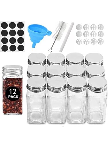 RUQIWEMI 12 Pcs Spice Jars with Labels - 120ml/4oz Square Glass Condiment Pot, with Silicone Collapsible Funnel, for Kitchen, Seasoning, Coffee, Herb, Essential oil, Storage Containers (12PCS)