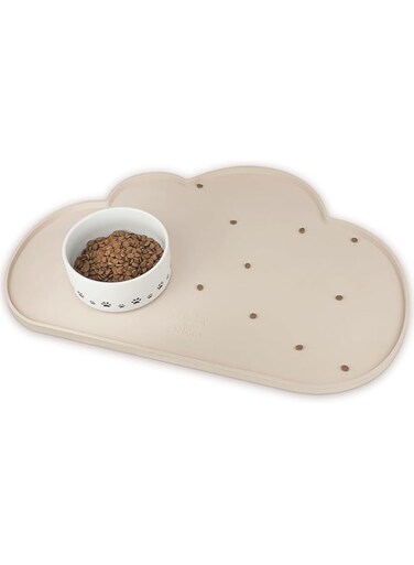 Ptlom Silicone Pet Feeding Mat for Dogs and Cats, High-Lips Pet Placemat Non-Slip Waterproof Bowl Mats Prevent Food and Water Overflow, Puppy Dish Tray Mat Suitable for Small Medium Large Pets, Beige