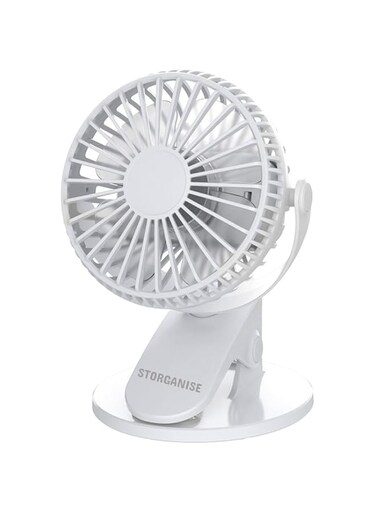 FCG Home White - Clip On Fan - USB Rechargeable 2400mAh Battery - Powerful Mini Fan adjustable speed with Desk Stand and clip for Baby Stroller Pram Camping Outdoor Office