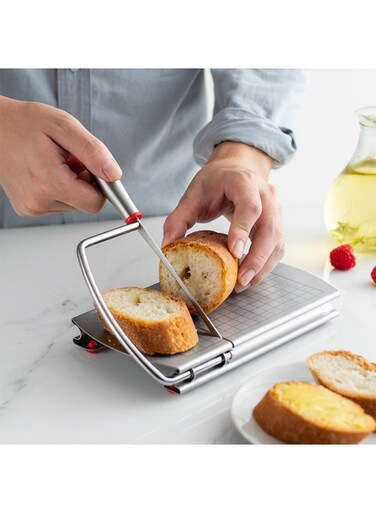 Professional Silver Kitchen Slicer With Measurement Scale   304 Stainless Steel Cheese Cutter   Non-Slip Ergonomic Silicone Handle   Precision Measurement Markings   Multi-Purpose For Cheese/Fruits/Vegetables   Seamless Construction &amp; Easy To Clean   Must-Have For Western Cooking &amp; Baking