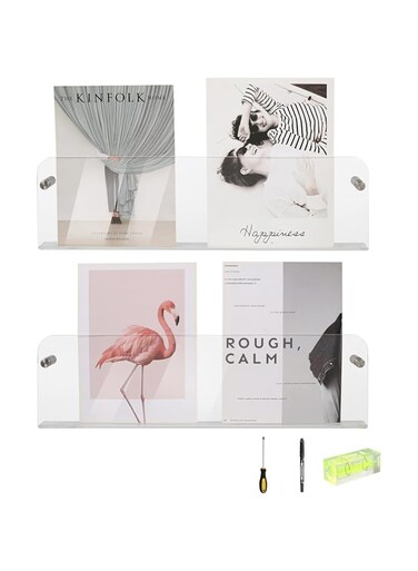 EAYOYAE Clear Acrylic Wall Shelf Holder Wall Mounted,Comic Book and Brochure Display shelves,Thicker with Screwdriver (Small-PACK 2, Clear)