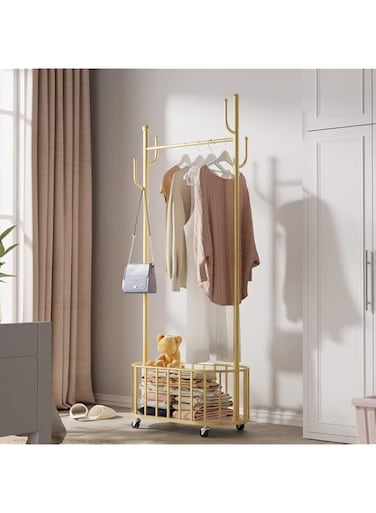 Garment Rack,Clothes Racks for Hanging Clothes with Wheels Metal Clothing Rack with Bottom Storage Basket Shelves Hanging Rack Portable Coat Hanger Holder for Bedroom Hallway(Gold)