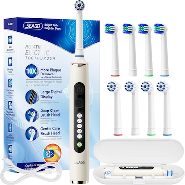 Seago Rotating Electric Toothbrush for Adults with 8 Brush Heads, 5 Cleaning Modes, Rechargeable Sonic Toothbrush with Timer and Travel Case for Adults and Kids(SG-2607-Beige)