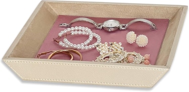 LEART Leather Jewelry Tray Organizer &ndash; Jewelry Organizer   Vanity Tray   Jewelry Organizer Tray   Desk and Bedside Catchall holder for Jewelry, Cosmetics, Keys, Coins, Watches (Rose Pink)
