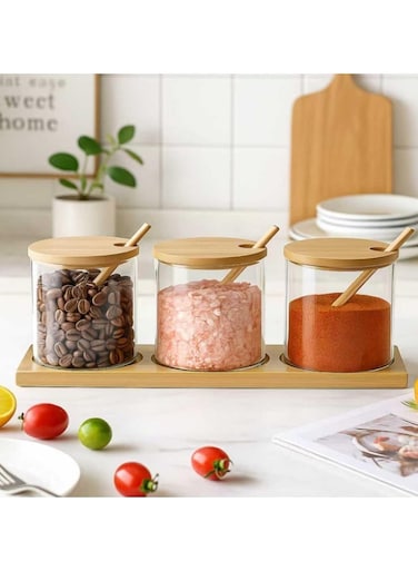 Spice Jars with Wooden Spoons &amp; Lids, 300ml Seasoning Containers with Base, Clear Sugar Bowl, Classic Style Salt Container for Salt Sugar Pepper Coffee