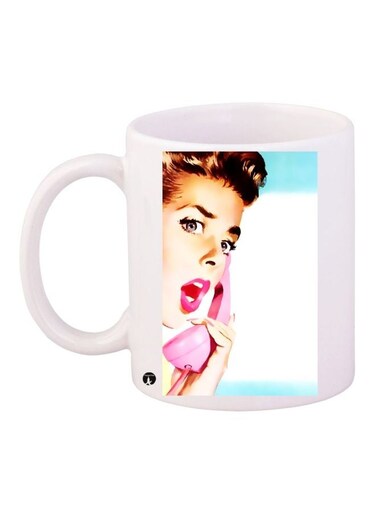 Woman On Phone Printed Coffee Mug White/Beige/Pink 11ounce