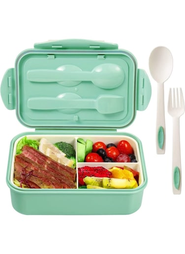 Lunch Box, 1400ml Leak Proof Insulated Lunch Box with Spoon and Fork, BPA Free, 3 Compartment Lunch Box, Kids, Adults, Eating Out, Microwave and Dishwasher Safe (Green)