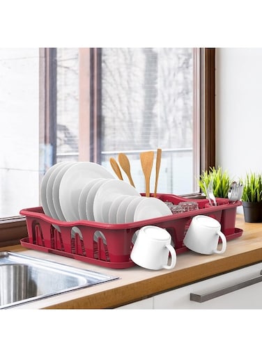 Large Dish Rack With Drainer Plastic 50 x 40 x 10 cm Dark Red