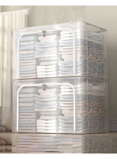 2 Pack Foldable Stackable Large Capacity Clear Clothes Storage, Drawer Storage Organizer, Closet Organizer Basket, Cloth Container Bins with Metal Frame Clear Window