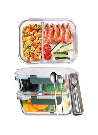2 PCS Bento Glass lunch box 1000 ml with Cutlery set, 2 Compartments, Bento Lunch Box, Meal Prep Container, Airtight Storage, lunch box for adults, Food Storage container, glass lunch box, Dishwasher