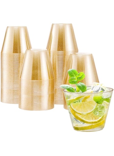 GTVGJH Gold Plastic Cups, Disposable Gold Glitter Cups, Fancy Gold Party Cups, Elegant Clear Plastic Cups for Parties and Weddings