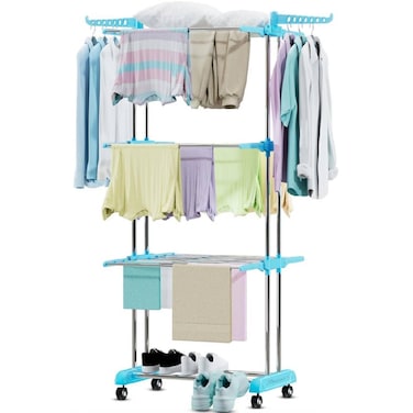 Drying Rack for Clothes, Oversized 4-Tier Foldable Stainless Steel Drying Rack Clothing, Movable Drying Rack with 4 Castors, Rolling Clothes Drying Rack for Bedroom Laundry Room