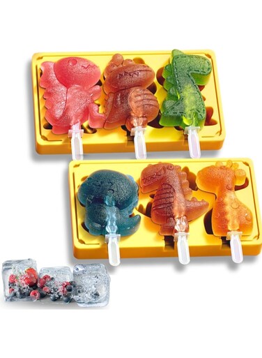 Dinosaur Silicone Popsicle Molds, 2 Pcs Silicone Popsicles Molds, Homemade Ice Pop Molds Maker for Kids, Reusable Ice Moulds, Ice Cream Mold, BPA Free, with Lids and Reusable Sticks, Yellow