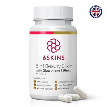 6SKINS&reg; 6in1 Beauty Elixir with L-Glutathione 510mg, N- Acetyl-L-Cysteine &amp; Hyaluronic Acid Supplements - Immune Support, Liver Detox, Powerful Antioxidant for Healthier Skin - 60 Veg Capsules